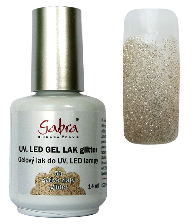 UV gel lak GABRA 50 zářivě zlatý glitter 14 ml