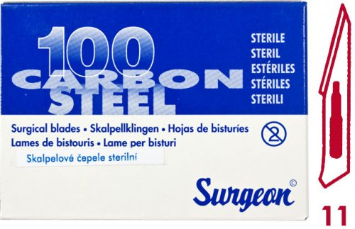 Čepelka skalpelová sterilní karbonová tvar 11 (Surgeon) Čepelka skalpelová sterilní karbonová tvar 11 (Surgeon) - Péče o ruce Kleště a nůžky na nehty a kůži pro manikúru a pedikúru, pinzety, pilníky, atd. Skalpelové čepelky karbonové, držátka čepelek